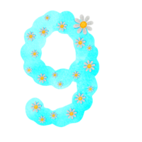 Illustration, number, png, blue with white flowers png