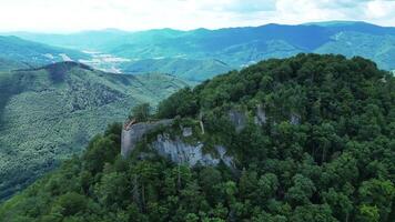 Aerial north view of castle Muran ruins in Slovakia video