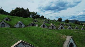 Aerial low view of wine cellars Hercegkut in Hungary video