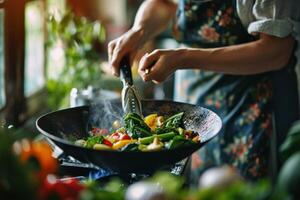 AI generated a woman pours vegetables into a wok photo