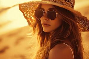 ai generado un hermosa niña vistiendo un de gran tamaño sombrero y Gafas de sol a un playa foto