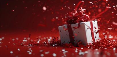 AI generated a christmas gift falling over a red background with a red ribbon inside photo