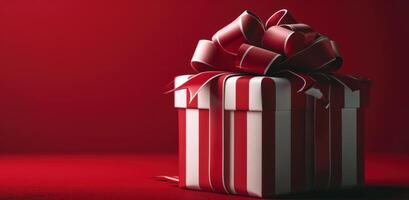 AI generated fluttering present box with bow on red background photo