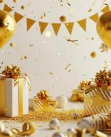 AI generated gold birthday frame with presents photo