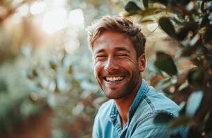 AI generated happy male smiling in a blue shirt outdoors while having a party photo