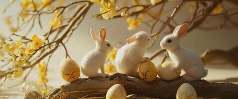 AI generated a group of rabbits sit on top of yellow eggs photo