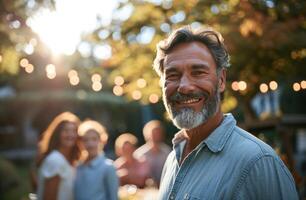 AI generated a happy man standing in front of a family at an outdoor event photo