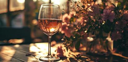 ai generado un vaso de vino en frente de un flor florero foto