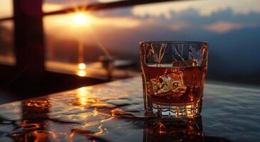 AI generated a glass of whisky sitting on top of a table with a sunset image photo