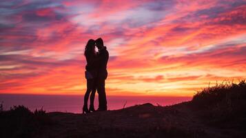 AI generated breathtaking image capturing the silhouette of a couple embracing against a vibrant sunset photo