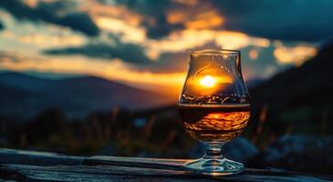 ai generado un vaso de escocés whisky sentado en un de madera mesa con algunos montañas en el antecedentes foto