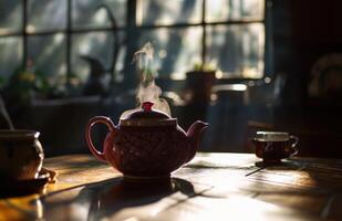 AI generated a china teapot sitting in front of a table photo