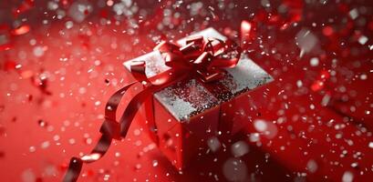 AI generated a christmas gift falling over a red background with a red ribbon inside photo