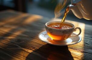 ai generado un taza de caliente té estaba siendo vertido dentro un blanco taza foto