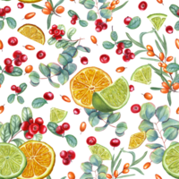 Bright seamless pattern with berries and fruits. Lime, orange slices, sea buckthorn, lingonberry, eucalyptus branch. Watercolor illustration for wrapping, poster, cosmetic design png