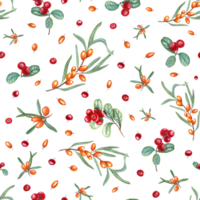 Watercolor seamless pattern of sea buckthorn branches and cowberries. Botanical illustration with orange, red berries, green leaves. For room decor, package, textile design png
