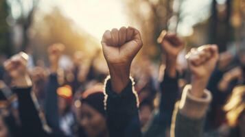 ai generado multiétnico personas aumento su puños arriba en el aire en un protesta. foto