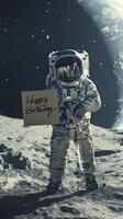 ai generado realista astronauta en el de la luna superficie participación un firmar contento cumpleaños. foto