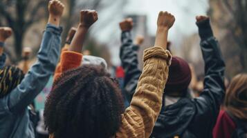 ai generado multiétnico personas aumento su puños arriba en el aire en un protesta. foto