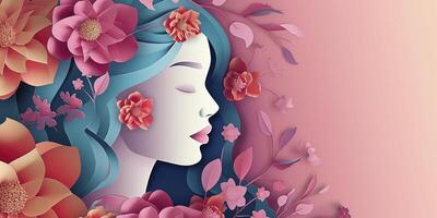 AI generated Illustration of face and flowers style paper cut with copy space for international women's day photo