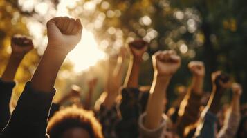 AI generated Multi-ethnic people raise their fists up in the air in a protest. photo