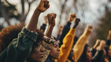 AI generated Multi-ethnic people raise their fists up in the air in a protest. photo