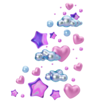 Vibrant purple stars, shiny hearts, clouds on transparent background. Border, corner design element. Party, Valentines Day, Birthday decoration. Cut out. Perfect for celebrations, invitations. 3D. png