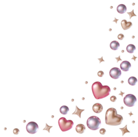 Golden stars, pearls, pink shiny hearts on transparent background. Border, corner design element. Party, Valentines Day, Birthday decoration. Cut out. Perfect for celebrations, invitations. 3D. png