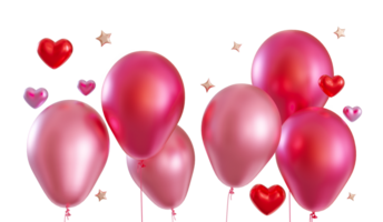 Vibrant, pink balloons and hearts, on transparent background, perfect for Valentine's Day promotions, event invitations, or greeting cards. Footer design element, border. Cut out elements. 3D. png