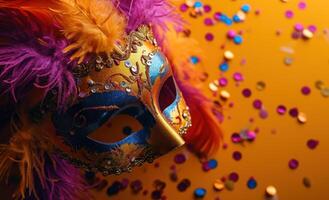 AI generated a colorful mask sits on an orange background photo