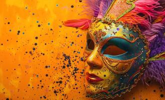 AI generated a colorful mask sits on an orange background photo
