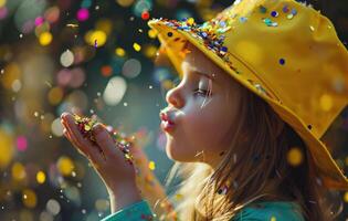 AI generated a small girl in a yellow hat blows confetti in her hair photo