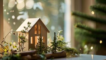 AI generated a small wooden home in front of a window with some wood and plants near it photo