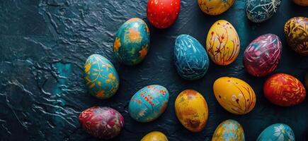 AI generated a group of colorful easter eggs arranged on a dark background photo
