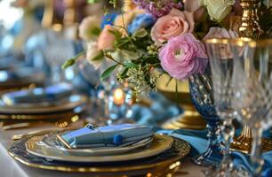 AI generated a blue and gold table setting with flowers photo