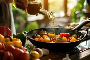 ai generado un persona torrencial petróleo dentro un sartén con vegetales y frutas foto