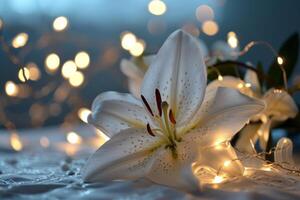 AI generated a lily flower decoration with lights on a backdrop photo