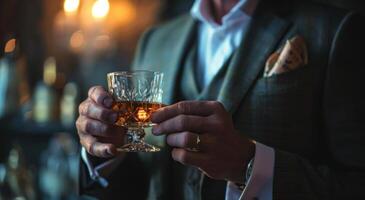 AI generated a man dressed in a sharp suits holds a glass of whiskey photo