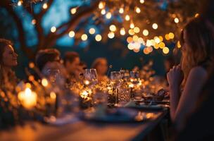 ai generado un grupo de personas a un al aire libre cena foto