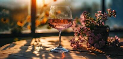 ai generado un vaso de vino en frente de un flor florero foto