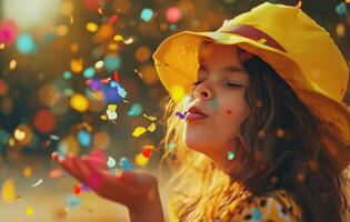 ai generado un pequeño niña en un amarillo sombrero golpes papel picado en su pelo foto