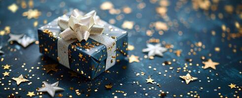 AI generated a present containing a white bow is placed on a blue background with gold stars photo