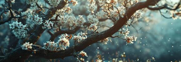 ai generado un árbol en el primavera con blanco floraciones en eso foto