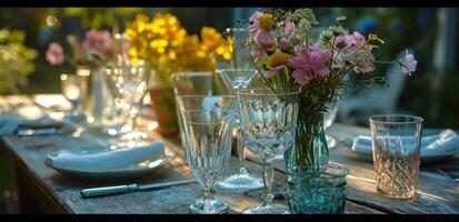 ai generado un mesa conjunto arriba con lentes y flores foto