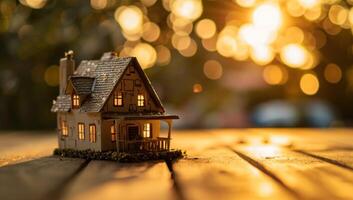 ai generado un casa miniatura es en un de madera mesa foto