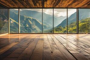 AI generated a room with a view of mountains and a floor with wood photo