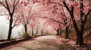 AI generated peaceful stroll beneath a canopy of blooming cherry blossoms photo