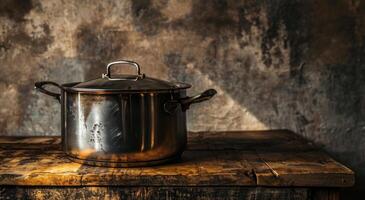 AI generated an iron pot on top of a wooden surface in a kitchen photo