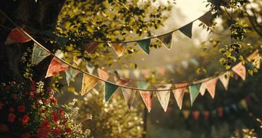 AI generated a view of colorful bunting hung from a tree photo