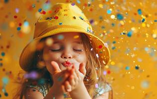 AI generated a small girl in a yellow hat blows confetti in her hair photo